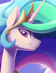 Size: 1113x1431 | Tagged: safe, artist:dawnfire, imported from ponybooru, princess celestia, alicorn, pony, cropped, crown, ethereal mane, female, horn, jewelry, looking at you, mare, regalia, smiling, solo