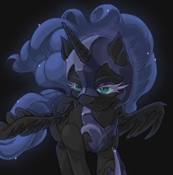 Size: 1181x1191 | Tagged: safe, artist:porcelaineyepie, imported from derpibooru, nightmare moon, alicorn, pony, black background, fangs, female, mare, simple background, solo, spread wings, wings