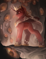 Size: 5100x6600 | Tagged: safe, artist:blvckmagic, imported from derpibooru, oc, oc only, oc:red flux, changeling, insect, moth, mothling, original species, absurd file size, absurd resolution, cave, crown, egg, jewelry, looking at you, male, red changeling, regalia, smiling, smiling at you, solo, species swap