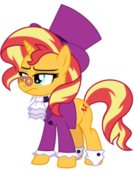Size: 1024x1304 | Tagged: safe, artist:emeraldblast63, imported from derpibooru, snowfall frost, starlight glimmer, sunset shimmer, pony, unicorn, a hearth's warming tail, equestria girls, clothes swap, ebenezer scrooge, hat, scrooge, simple background, solo, sunset shimmer is not amused, the christmas carol, transparent background, unamused