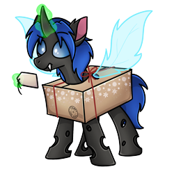 Size: 1240x1240 | Tagged: safe, artist:sugar morning, imported from derpibooru, oc, oc only, oc:swift dawn, changeling, blue changeling, changeling in a box, changeling oc, christmas changeling, clothes, commission, confused, costume, cute, eyebrows, eyebrows visible through hair, fangs, gift box, magic, magic aura, male, package, present, simple background, transparent background