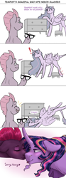 Size: 1000x2700 | Tagged: safe, artist:periwinklechick, imported from derpibooru, fizzlepop berrytwist, tempest shadow, twilight sparkle, alicorn, pony, unicorn, the last problem, blushing, broken horn, cloven hooves, comic, dialogue, exclamation point, eyes closed, facial hair, female, floppy ears, glasses, goatee, horn, leonine tail, lesbian, mare, princess twilight 2.0, shipping, tail feathers, tempestlight, tongue out, twilight sparkle (alicorn)