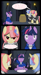 Size: 1280x2300 | Tagged: safe, artist:bigsnusnu, imported from derpibooru, twilight sparkle, oc, oc:sweet caramel, oc:sweet creme, comic:dusk shine in pursuit of happiness, bag, clothes, dungeon, dusk shine, interrogation, maid, money, rule 63, torch