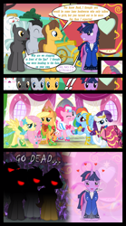 Size: 1280x2300 | Tagged: safe, artist:bigsnusnu, imported from derpibooru, applejack, caramel, fluttershy, pinkie pie, rainbow dash, rarity, thunderlane, twilight sparkle, earth pony, pegasus, pony, unicorn, comic:dusk shine in pursuit of happiness, anti-hero, blushing, clothes, dark, dress, dusk shine, evil, gala dress, harem, jealous, jojo's bizarre adventure, mane six, menacing, red eyes, rule 63, villian, ゴ ゴ ゴ