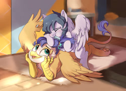Size: 1800x1300 | Tagged: safe, artist:drtuo4, imported from derpibooru, oc, oc only, griffon, pegasus, pony, brushing, cute, duo, griffon oc, lying down, ocbetes, paw pads, paws, prone