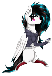 Size: 2029x2955 | Tagged: safe, artist:blueponyhays, imported from derpibooru, oc, oc only, oc:black line, pegasus, semi-anthro, looking at you, mp3 player, pegasus oc, simple background, sitting, solo, transparent background, wings