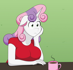 Size: 2048x1961 | Tagged: safe, artist:matchstickman, imported from derpibooru, sweetie belle, anthro, unicorn, ponyville confidential, big breasts, breasts, busty sweetie belle, clothes, coffee mug, exploitable meme, female, floppy ears, image macro, mare, meme, mug, obligatory pony, older, older sweetie belle, outdoors, scene interpretation, shirt, solo, sudden clarity older sweetie belle, sudden clarity sweetie belle
