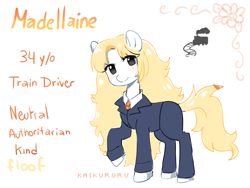 Size: 4000x3000 | Tagged: safe, artist:kaikururu, imported from derpibooru, oc, oc only, oc:madellaine, earth pony, pony, clothes, digital art, female, looking at you, mare, reference sheet, solo, tail, text