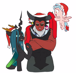 Size: 4293x4178 | Tagged: safe, artist:chub-wub, imported from derpibooru, cozy glow, lord tirek, queen chrysalis, centaur, changeling, changeling queen, pegasus, pony, absurd resolution, blushing, bow, candy, candy cane, christmas, cozybetes, crossed arms, cute, cutealis, female, filly, food, hat, holiday, legion of doom, male, open mouth, ornament, santa hat, simple background, stars, tail bow, tirebetes, tirek is not amused, white background