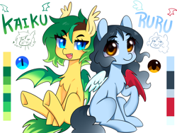 Size: 4000x3000 | Tagged: safe, artist:kaikururu, imported from derpibooru, oc, oc only, oc:kaiku, oc:ruru, bat pony, pegasus, pony, bat pony oc, bat wings, digital art, duo, fangs, female, hooves, looking at you, mare, mismatched wings, reference sheet, tail, text, wings