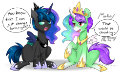 Size: 4900x3000 | Tagged: safe, artist:kaikururu, imported from derpibooru, oc, oc only, oc:crescent star, oc:raeonn, changeling, crystal pony, earth pony, pony, unicorn, changeling oc, clothes, costume, crystal unicorn, digital art, duo, fake horn, fake wings, female, glasses, halloween, halloween costume, holes, holiday, hooves, male, mare, simple background, sitting, speech bubble, stallion, tail, text, transparent background
