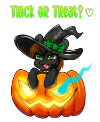 Size: 2179x2653 | Tagged: safe, artist:kaikururu, imported from derpibooru, oc, oc only, pony, unicorn, clothes, commission, costume, digital art, female, halloween, halloween costume, hat, holiday, hooves, horn, jack-o-lantern, mare, pumpkin, simple background, solo, text, transparent background, witch hat