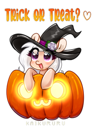 Size: 1967x2639 | Tagged: safe, artist:kaikururu, imported from derpibooru, oc, oc only, oc:white rose, earth pony, pony, clothes, commission, costume, digital art, female, halloween, halloween costume, hat, holiday, hooves, jack-o-lantern, mare, pumpkin, simple background, solo, text, transparent background, witch hat