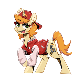 Size: 3000x3000 | Tagged: safe, artist:kaikururu, imported from derpibooru, oc, oc only, oc:claire, pony, unicorn, bedroom eyes, cap, clothes, cutie mark, digital art, female, hat, hooves, horn, looking at you, mare, open mouth, simple background, solo, tail, white background