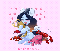 Size: 2321x1984 | Tagged: safe, artist:kaikururu, imported from derpibooru, oc, oc only, oc:ruru, beetle, crab, insect, lobster, octopus, pegasus, pony, scorpion, spider, blushing, cuddling, digital art, eyes closed, female, hooves, mare, mismatched wings, open mouth, plushie, simple background, solo, tail, wings