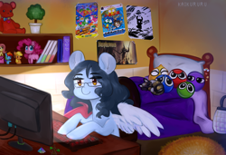 Size: 4000x2732 | Tagged: safe, artist:kaikururu, imported from derpibooru, applejack, fluttershy, pinkie pie, rainbow dash, oc, oc only, oc:ruru, cat, pegasus, pony, bag, bed, bedroom, book, bookshelf, computer, detailed background, digital art, female, glasses, hooves, mare, mismatched wings, pillow, plushie, poster, solo, table, tail, teddy bear, toy, wings