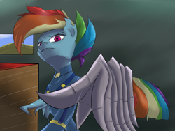 Size: 2000x1500 | Tagged: safe, artist:guatergau5, imported from derpibooru, rainbow dash, pegasus, the cutie re-mark, alternate timeline, amputee, apocalypse dash, artificial wings, augmented, crystal war timeline, jojo reference, prosthetic limb, prosthetic wing, prosthetics, torn ear, wing hands, wings