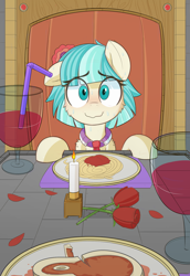 Size: 1328x1925 | Tagged: source needed, safe, artist:nignogs, imported from derpibooru, coco pommel, earth pony, pony, 4chan, alcohol, bendy straw, blushing, bronybait, candle, candlelight dinner, cheek fluff, cocobetes, cute, date, dinner, drinking straw, embarrassed, female, floppy ears, flower, food, herbivore vs omnivore, hooves on the table, looking at you, mare, meat, meme, nervous, offscreen character, one ear down, pasta, pov, reversed gender roles equestria, reversed gender roles equestria general, romantic dinner, rose, rose petals, shrunken pupils, shy, solo, spaghetti, steak, straw, sweat, sweating bullets, sweating profusely, waifu dinner, wine