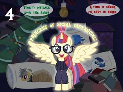 Size: 1280x960 | Tagged: safe, artist:bronybyexception, imported from derpibooru, daring do, moondancer, shining armor, alicorn, pony, 4, advent calendar, alicornified, body pillow, book, christmas, christmas tree, clothes, daring daki, dialogue, glasses, holiday, light bulb, lightbulb, looking at you, moondancercorn, open mouth, princess moondancer, race swap, shadowbolts, smiling, social distancing, species swap, sweater, tree