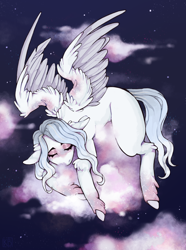 Size: 3106x4181 | Tagged: safe, artist:karamboll, imported from derpibooru, pegasus, pony, cloud, female, fluffy, full body, night, on a cloud, outdoors, sleeping, sleeping on a cloud, solo, spread wings, stars, wings