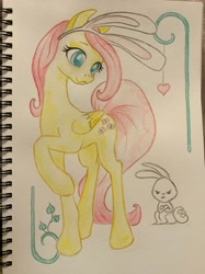 Size: 1024x1366 | Tagged: safe, artist:grokostimpy, imported from derpibooru, angel bunny, fluttershy, pegasus, pony, angel bunny is not amused, angel bunny is unamused, angel is not amused, bunny ears, crossed arms, cute, duo, female, mare, raised hoof, shyabetes, traditional art