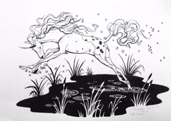 Size: 3177x2253 | Tagged: safe, artist:lady-limule, imported from derpibooru, oc, oc only, pony, unicorn, female, horn, inktober, inktober 2019, mare, monochrome, pond, solo, traditional art, unicorn oc