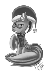 Size: 1250x2000 | Tagged: safe, artist:draconightmarenight, artist:proyects_s, imported from derpibooru, oc, oc only, pegasus, pony, black and white, christmas, clothes, grayscale, hat, holiday, monochrome, santa hat, scarf, sitting, solo, sunglasses