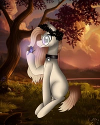 Size: 1080x1350 | Tagged: safe, artist:rxndxm.artist, imported from derpibooru, oc, oc only, butterfly, earth pony, pony, earth pony oc, floral head wreath, flower, glasses, hoof hold, outdoors, raised hoof, sitting, solo, tree