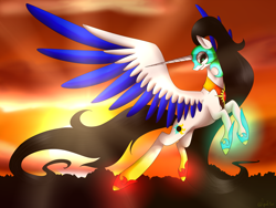 Size: 3200x2400 | Tagged: safe, artist:minelvi, imported from derpibooru, oc, oc only, alicorn, pony, alicorn oc, female, flying, glowing hooves, helmet, horn, mare, solo, two toned wings, wings