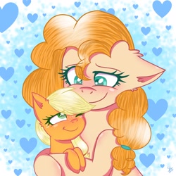 Size: 3098x3098 | Tagged: safe, artist:galaxy swirl, imported from derpibooru, applejack, pear butter, earth pony, pony, cute, duo, female, filly, filly applejack, heart, hug, jackabetes, mother and child, mother and daughter, pearabetes, smiling, younger