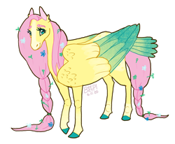 Size: 1280x1054 | Tagged: safe, artist:beezypi, imported from derpibooru, fluttershy, pegasus, pony, braid, colored hooves, colored wings, colored wingtips, female, flower, flower in hair, large wings, mare, rectangular pupil, signature, simple background, solo, tail feathers, transparent background, wings