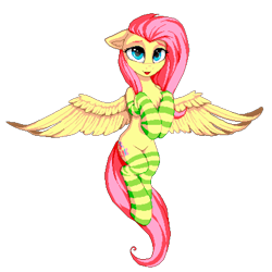 Size: 1215x1215 | Tagged: safe, artist:setharu, artist:turner5000, imported from derpibooru, fluttershy, pegasus, pony, semi-anthro, art, chest fluff, clothes, cute, female, flying, hooves to the chest, looking at you, manepxls, mare, open mouth, pixel art, pxls.space, shyabetes, simple background, socks, solo, spread wings, striped socks, thigh highs, transparent background, wings