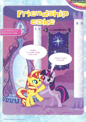 Size: 826x1169 | Tagged: safe, imported from derpibooru, sunset shimmer, twilight sparkle, alicorn, pony, unicorn, bipedal, comic, friendship cake, magazine scan, magic mirror, twilight sparkle (alicorn)