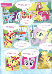 Size: 826x1169 | Tagged: safe, imported from derpibooru, applejack, fluttershy, pinkie pie, rainbow dash, rarity, sunset shimmer, pegasus, pony, unicorn, bipedal, comic, eyes closed, friendship cake, magazine scan, open mouth