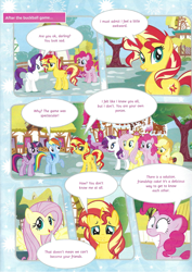 Size: 826x1169 | Tagged: safe, imported from derpibooru, applejack, fluttershy, pinkie pie, rainbow dash, rarity, sunset shimmer, twilight sparkle, alicorn, pony, unicorn, comic, friendship cake, magazine scan, mane six, twilight sparkle (alicorn)