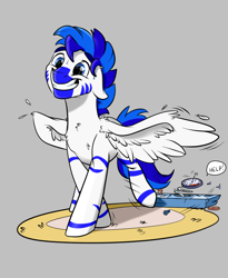 Size: 1010x1229 | Tagged: safe, artist:rutkotka, imported from derpibooru, oc, oc only, oc:fifty percent, hybrid, pegasus, pony, zony, commission, crushed, cute, gray background, grin, nervous, nervous grin, scale, simple background, smiling, solo, spread wings, sweat, weight gain, wings, ych result