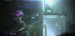 Size: 4451x2160 | Tagged: safe, artist:deafjaeger, imported from derpibooru, oc, oc only, bat pony, pony, armor, bat pony oc, bat wings, blade runner, blaster, city, cityscape, clothes, commission, cyberpunk, drone, front view, futuristic, gun, light, night, ponytail, rain, shadow, sign, sitting, solo, the chronicles of order, two toned mane, weapon, wings