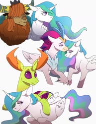 Size: 1280x1657 | Tagged: safe, artist:primrosepaper, imported from derpibooru, prince rutherford, princess celestia, queen novo, thorax, alicorn, changedling, changeling, hippogriff, yak, my little pony: the movie, female, king thorax, lesbian, male, novolestia, rutherlestia, shipping, straight, thoralestia
