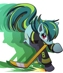 Size: 1040x1200 | Tagged: safe, artist:kojiro-brushard, imported from derpibooru, oc, oc only, oc:lamp lighter, pony, hockey, hockey stick, mouth hold, simple background, solo, sports, white background