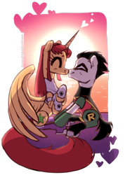 Size: 1280x1703 | Tagged: safe, artist:house-of-tykayl, imported from derpibooru, alicorn, earth pony, pony, boop, cape, clothes, costume, female, kissing, male, mare, mask, ponified, robin (dc comics), robin (teen titans), simple background, stallion, starfire, teen titans go, the magic of friendship