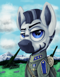 Size: 2200x2800 | Tagged: safe, artist:ryanmangaming, imported from derpibooru, pony, zebra, equestria at war mod, army, artillery, bust, clothes, forest, military, military uniform, mountain, portrait, solo, uniform