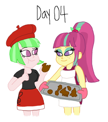 Size: 1280x1444 | Tagged: safe, artist:horroraceman93, imported from derpibooru, sour sweet, watermelody, equestria girls, apron, beret, clothes, cookie, female, food, hat, lesbian, shipping, simple background, sourmelody, transparent background