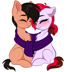 Size: 4000x4000 | Tagged: safe, artist:vetta, imported from derpibooru, oc, oc only, oc:judge, oc:kosh, oc:vetta, earth pony, pony, unicorn, derpibooru community collaboration, 2021 community collab, chest fluff, clothes, eyes closed, female, male, mare, scarf, shared clothing, shared scarf, shipping, simple background, sitting, smiling, stallion, transparent background