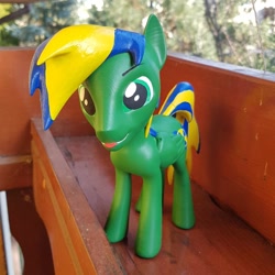 Size: 1024x1024 | Tagged: safe, artist:mraagh, imported from derpibooru, oc, oc only, oc:chacek, pegasus, pony, 3d, 3d print, 3d printed, blender, eyebrows, eyes open, figurine, green coat, green eyes, irl, male, multicolored hair, multicolored mane, open eyes, photo, sfm pony, shadow, silly, solo, spiky mane, stallion, standing, statue, tongue out