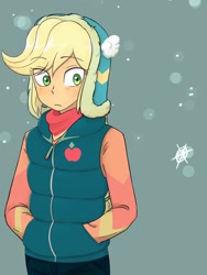 Size: 1620x2160 | Tagged: safe, artist:haibaratomoe, imported from derpibooru, applejack, equestria girls, clothes, hat, jacket, snow, snowflake, solo, winter outfit