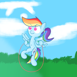Size: 1024x1024 | Tagged: safe, artist:mr-degration, imported from derpibooru, rainbow dash, pegasus, pony, alternate hairstyle, female, jump rope, ponytail, solo