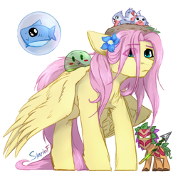 Size: 2480x2480 | Tagged: safe, artist:flysouldragon, artist:sinrinf, derpibooru exclusive, imported from derpibooru, fluttershy, bird, pegasus, pony, shark, bird nest, bubble, crossover, female, flower, flower in hair, looking at you, mare, nest, pet, simple background, sitting on head, slime, solo, spread wings, standing, stray strand, terraria, video game, white background, wings, wings down