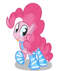 Size: 1010x1223 | Tagged: safe, artist:mr-degration, imported from derpibooru, pinkie pie, earth pony, pony, blushing, clothes, female, palindrome get, simple background, socks, solo, tongue out, transparent background