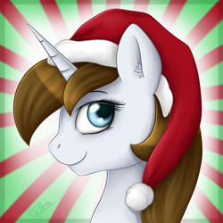 Size: 1500x1500 | Tagged: safe, artist:rena, imported from derpibooru, oc, oc:flower star, unicorn, bust, chocolate mane, christmas, female, hat, holiday, looking at you, mare, portrait, red and green background, santa hat, sapphire eyes, white coat