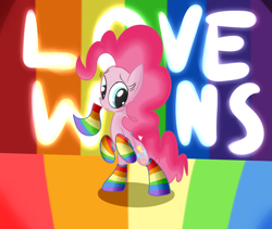 Size: 1920x1620 | Tagged: safe, artist:mr-degration, imported from derpibooru, pinkie pie, earth pony, pony, bipedal, clothes, female, holding a flag, looking at you, love wins, mouth hold, obergefell v. hodges, pride flag, rainbow socks, socks, solo, striped socks